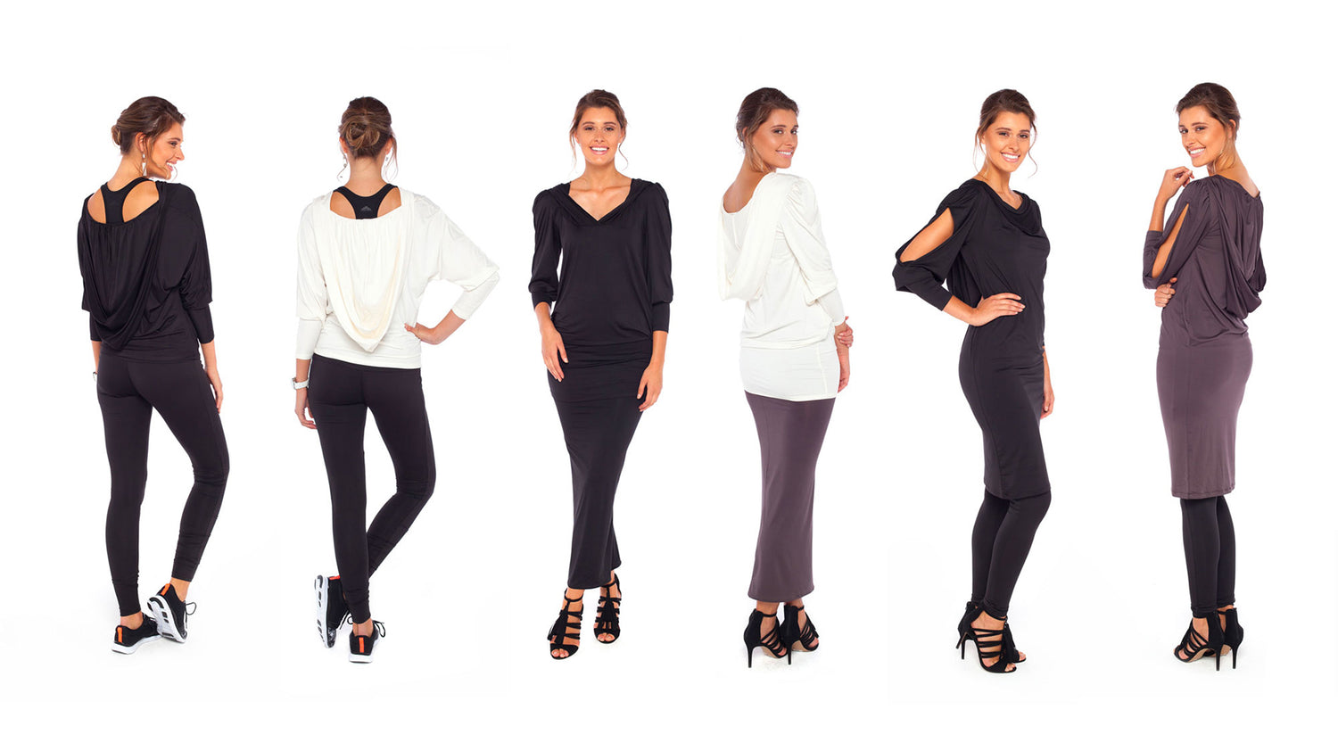 Australian and New Zealand women's clothing label, Urban Silk shows 3 layered leisurewear outfits for petite to plus size women. Outfit 1 is a black slinky jersey hooded top with 3/4 batwing sleeves worn with a skinny, active-style legging pant in black. Outfit 2 is a long-sleeve, hooded tunic in slinky black jersey worn with a maxi-length black tube skirt. Outfit 3 is a hooded dress in slinky black jersey with a cowl neckline and full length sleeves worn over slinky black, long-length, legging pants.