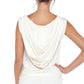 Back view of a woman wearing the sleeveless hooded top in ivory slinky jersey by Australian leisurewear brand, Urban Silk. Designed to flatter curvy women, this top features an oversized hoodie, easy fit body in stretch jersey fabric and belt tie detail. In easy care jersey, this luxe look top is easy-wear, wasy-care for work wardrobes that work for you!