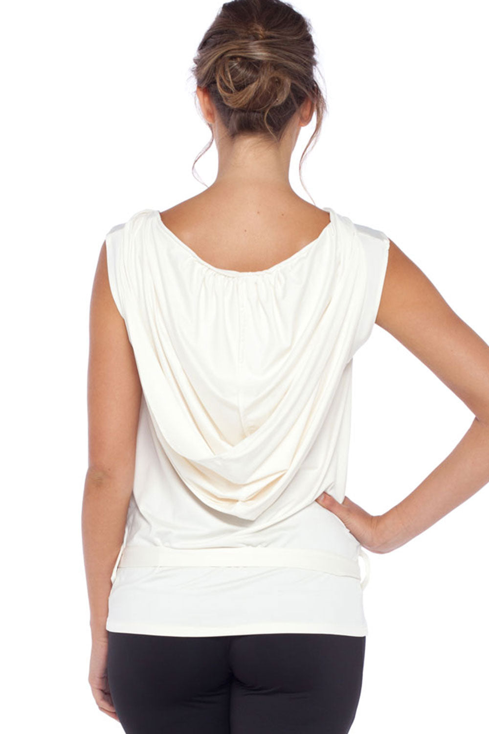 Back view of a woman wearing the sleeveless hooded top in ivory slinky jersey by Australian leisurewear brand, Urban Silk. Designed to flatter curvy women, this top features an oversized hoodie, easy fit body in stretch jersey fabric and belt tie detail. In easy care jersey, this luxe look top is easy-wear, wasy-care for work wardrobes that work for you!