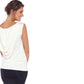 A woman in a sleeveless hooded top in ivory jersey, peeks over her shoulder as she revels in the comfort of this elegant hoodie top. For women's elevated leisurewear and hoodie tops for work, travel tops and comfortable casual tops Australia, it's got to be Urban Silks leisurewear lifestyle clothing.  