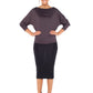 Woman wearing a hooded top in slinky jersey with jersey cylinder-cut black pencil skirt and styled with heels for work wear clothing or low-key going out style. Designed in Australia and made for petite to plus size women