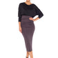 Woman wearing black jersey hooded top with batwing sleeves worn tucked into cylinder-shaped pencil skirt in Donkey and heels for a work wear look or going out style. Designed in Australia for petite to plus size women.