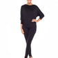 Woman wearing black jersey hooded top with batwing sleeves worn with black slim leg legging pants and styled with heels for work style or low-key evening glamour. shop jersey tops and pants designed in Australia for petite to plus size women.