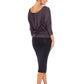 Woman wearing a hooded top in slinky jersey with jersey cylinder-cut black pencil skirt and styled with heels for work wear clothing or low-key going out style. Designed in Australia and made for petite to plus size women