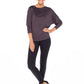 Woman wearing a hooded top in slinky jersey with batwing sleeves worn with slim-leg, long-length, black legging trousers and styled with heels for work wear style or low-key going out style. Designed in Australia and made for petite to plus size women