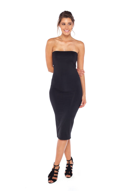 Curvy hipped woman wearing strapless black tube dress in silky jersey, designed in Australia by Urban Silk leisurewear